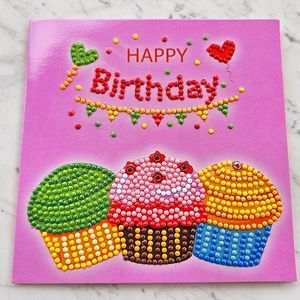 Happy Birthday Cupcake Card Pink Colorful Bright Handmade Beaded [2 Available]